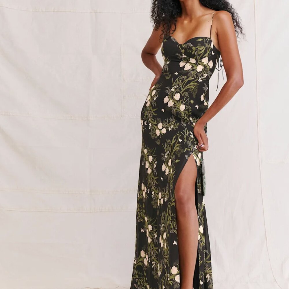 NEW Reformation Max Melita-Dress in Black w Florals size 0 Zip Up Back w Slit
